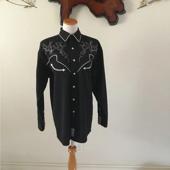 Panhandler Slim Western Wear Black Embroidered Pearl Diamond Snap Button Shirt - Picture 10 of 14